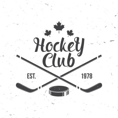Ice Hockey club logo, badge design. Concept for shirt or logo, print, stamp or tee. Winter sport. Vintage typography design with sticker, puck silhouette. Vector