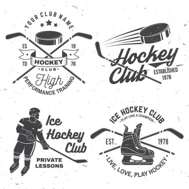 Ice Hockey club logo, badge design. Concept for shirt or logo, print, stamp or tee. Winter sport. Vintage typography design with player, sticker, puck and skates silhouette. Vector