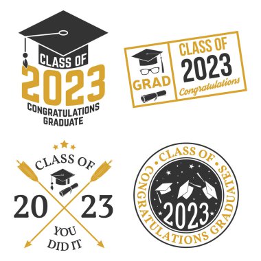 Set of Vector Class of 2023 badges. Concept for shirt, print, seal, overlay or stamp, greeting, invitation card. Typography design- stock vector.