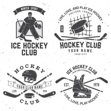 Ice Hockey club logo, badge design. Concept for shirt or logo, print, stamp or tee. Winter sport. Vintage typography design with player, sticker, puck and skates silhouette. Vector
