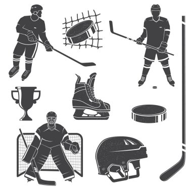 Set of ice hockey player and equipment icon. Vector illustration. Set include: player, helmet, sticks, goalkeeper, puck and skates silhouettes. Elements for badge, logo design.