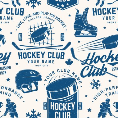 Ice hockey club seamless pattern in retro style. Vector illustration. Background, wallpaper, seamless pattern with player, helmet, sticks, goalkeeper, pick and skates silhouette