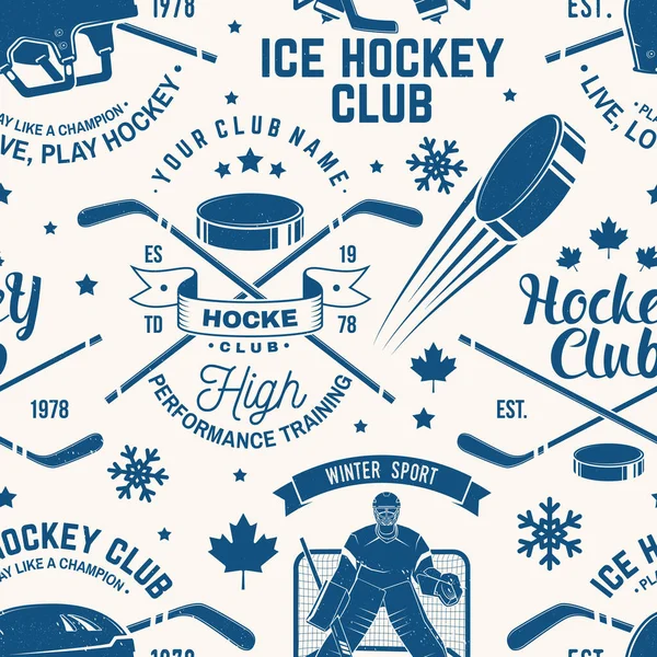 Ice hockey club seamless pattern in retro style. Vector illustration. Background, wallpaper, seamless pattern with player, helmet, sticks, goalkeeper, pick and skates silhouette