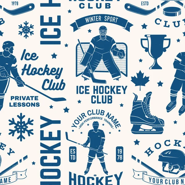 Ice hockey club seamless pattern in retro style. Vector illustration. Background, wallpaper, seamless pattern with player, helmet, sticks, goalkeeper, pick and skates silhouette