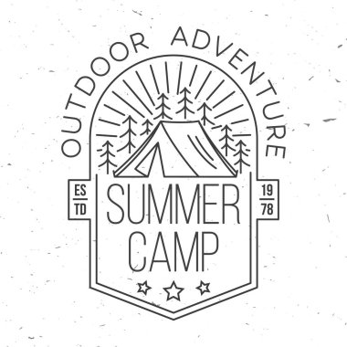 Summer camp. Vector illustration. Concept for shirt or logo, print, stamp or tee. Vintage line art typography design with Camper tent and forest silhouette. Camping quote