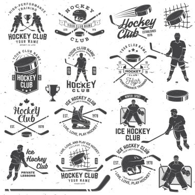 Ice Hockey club logo, badge design. Concept for shirt or logo, print, stamp or tee. Winter sport. Vintage typography design with player, sticker, puck , helmet and skates silhouette. Vector