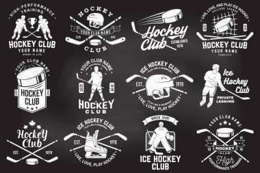 Ice Hockey club logo, badge design on chalkboard. Concept for shirt or logo, print, stamp or tee. Winter sport. Vintage typography design with player, sticker, puck , helmet and skates silhouette clipart