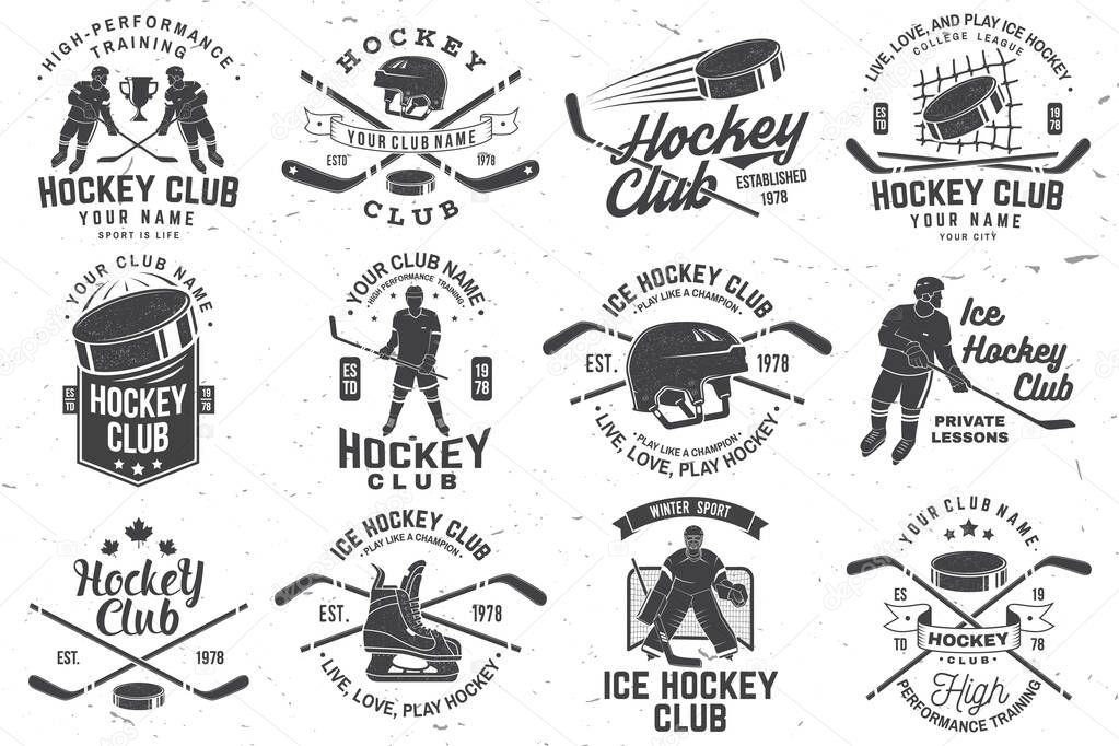 Ice Hockey club logo, badge design. Concept for shirt or logo, print, stamp or tee. Winter sport. Vintage typography design with player, sticker, puck , helmet and skates silhouette. Vector