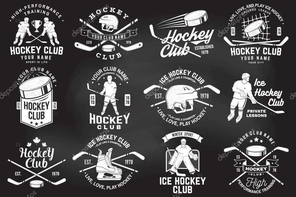 Ice Hockey club logo, badge design on chalkboard. Concept for shirt or logo, print, stamp or tee. Winter sport. Vintage typography design with player, sticker, puck , helmet and skates silhouette