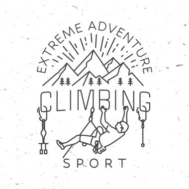 Climbing Club badge. Vector. Concept for shirt or logo, print, stamp or tee. Vintage line art typography design with climber, carabiners, climbing cams, hexes and mountain. Extreme adventure