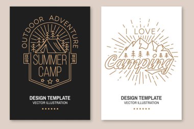 Set of camping inspirational quotes. Vector illustration. Flyer, brochure, banner, poster line art typography design with sunburst, camper tent and forest silhouette. Camping quote