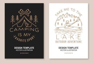 Set of camping inspirational quotes. Vector illustration. Flyer, brochure, banner, poster line art typography design with man in canoe, lake, tent and forest silhouette
