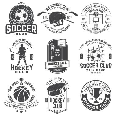 Set of ice hockey, basketball and soccer club badge design. Vector illustration. Vintage monochrome label, sticker, patch with basketball, ice hockey, soccer players silhouettes