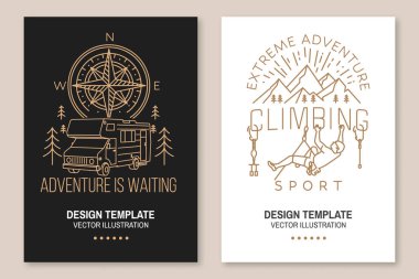 Set of camping inspirational quotes. Vector. Flyer, brochure, banner, poster line art typography design with climber, carabiners, climbing cams, hexes, compass, camper rv and forest silhouette