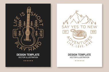Set of camping inspirational quotes. Vector. Flyer, brochure, banner, poster line art typography design with guitar, forest, compass and mountain silhouette
