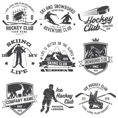 Ice Hockey, Ski and Snowboard Club emblem. Vector. Concept for shirt, print, stamp, badge. Vintage typography design with ice hockey player, snowboarder and skier silhouette. Winter sport