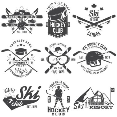 Ice Hockey, Ski and Snowboard Club emblem. Vector. Concept for shirt, print, stamp, badge. Vintage typography design with ice hockey player, snowboarder and skier silhouette. Winter sport
