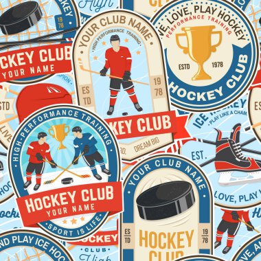 Buz hokeyi renkli, pürüzsüz desen. Gömlek, logo, baskı, pul ya da tişört konsepti. Kış sporu. Arka plan, duvar kâğıdı, oyunculu, çıkartmalı, paketli ve siluetli kusursuz desen. Vektör