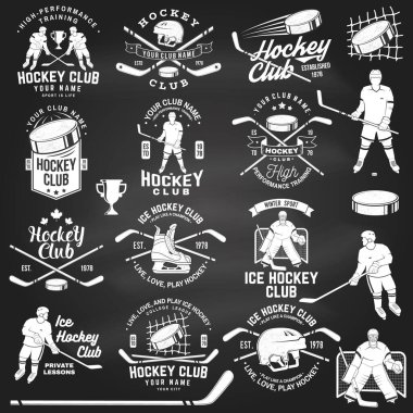 Ice Hockey club logo, badge design on chalkboard. Concept for shirt or logo, print, stamp or tee. Winter sport. Vintage typography design with player, sticker, puck , helmet and skates silhouette
