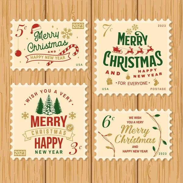 Conjunto Feliz Navidad 2023 Feliz Año Nuevo Sello Postal Retro — Vector de stock