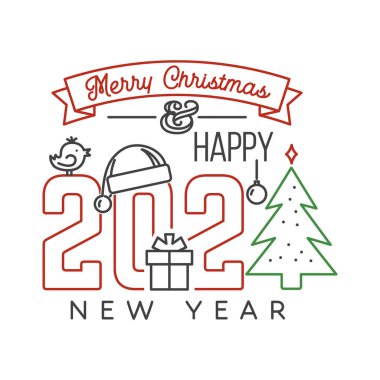 Mutlu Noeller ve 2023 yılbaşı pulu, kar taneleri, asılı noel balosu, Noel Baba şapkası, şeker etiketi. Vektör. Xmas için çizgi tasarımı, ana hatlarıyla yeni yıl amblemi