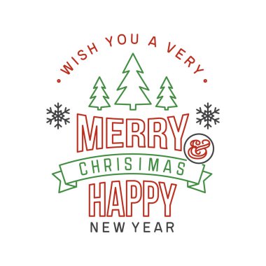 Size mutlu Noeller ve mutlu yıllar damgası orman manzaralı çıkartma ve yılbaşı ağacı diliyorum. Vektör çizimi. Xmas için çizgi tasarımı, retro biçiminde yeni yıl amblemi