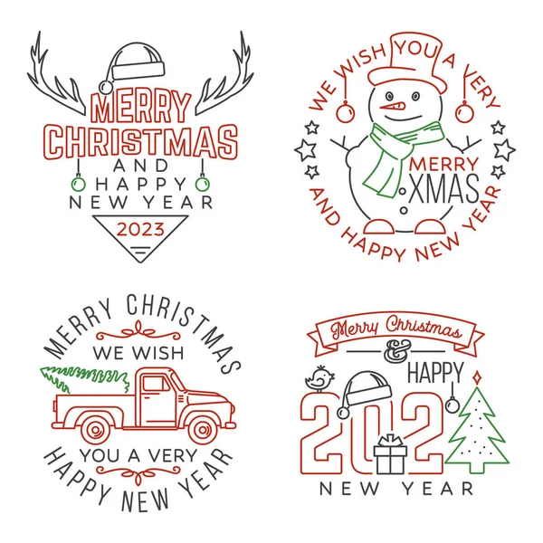 Set Merry Christmas Happy New Year Stamp Sticker Set Quotes — Stock Vector