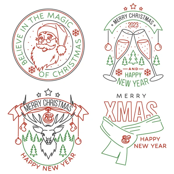 Set Merry Christmas 2023 Happy New Year Stamp Sticker Set — Stock Vector