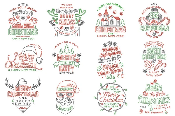 Set Merry Christmas Happy New Year Stamp Sticker Set Quotes — Stock Vector