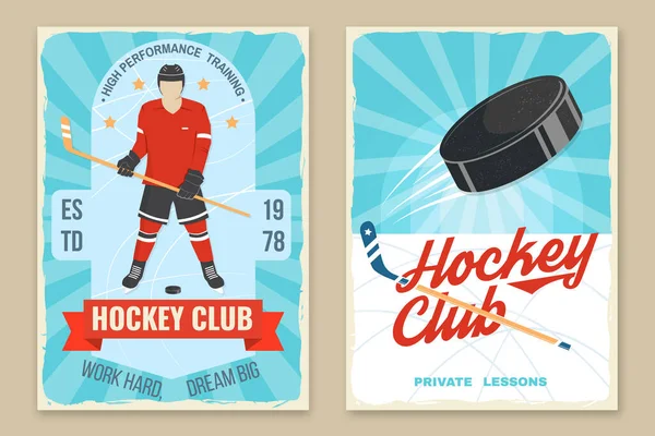 Ice Hockey club flyer, brochure, banner, poster. Concept for shirt or logo, print, stamp or tee. Winter sport. Vintage typography design with player, sticker, puck and skates silhouette. Vector