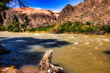 Almaty, Kazakistan - 16 Haziran 2017 Charyn Kanyonu 'ndan geçen Charyn Nehri ve bozkır tatlısının etrafında biraz yeşillik