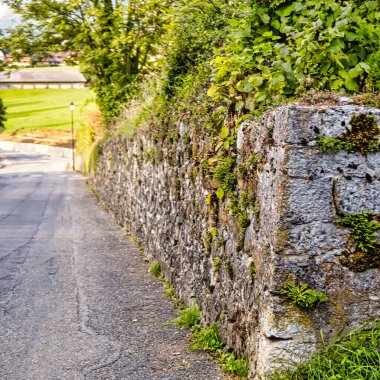 Menthon Aziz Bernard, Fransa - 10 Eylül 2020: yol kenarında çimen ve bitkilerle kaplı bir kalenin tarihi taş koruma duvarı