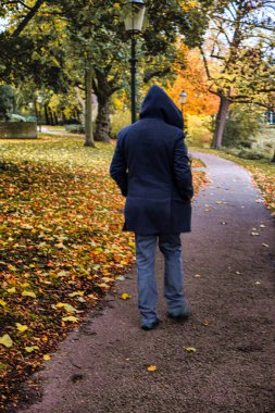 Amersfoort, Hollanda - 25 Ekim 2020: Kapüşonlu bir adam ağaçlar, yapraklar ve çimlerle kaplı bir parkta yaya ya da yaya yolunda yürüyor