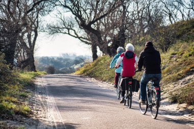 Wassenaar, Hollanda - Kasım 06 2020: eğlence bisikletçileri Lahey yakınlarındaki doğal bir rezervde orman veya bisiklet yolu veya kum tepeleri üzerinde seyahat ediyorlar