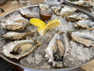 Den Haag, Hollanda - 18 Temmuz 2021: Limon ve baharatlı suazla birlikte buzda servis edilen bir istiridye deniz ürünleri tabağı