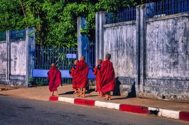 Yangon, Myanmar - 02 Aralık 2012: Genç Budist rahipler, Myanmar 'daki yemek teklifleri için ellerinde kaseyle uzun bir sıra oluşturdular.