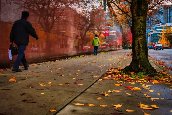 Vancouver Canada October 2009 Leaves Laying Sidewalk While Pedestrian Passing — Stock Photo, Image