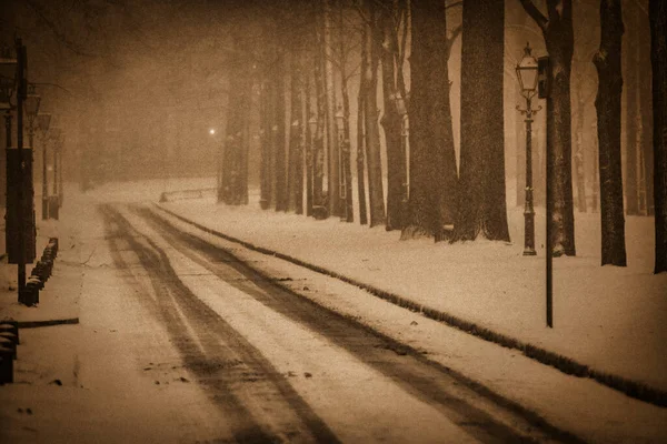 オランダ ハーグ2009年12月20日 セピアは雪の中 この通りの美しさを強調しています — ストック写真
