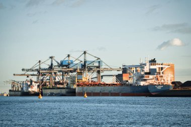 Rotterdam, Hollanda - 22 Kasım 2021: Limandaki gemilerin konteynırlarını boşaltmak için devasa yarıdan ve tamamen otomatik vinçlerden oluşan hatlar