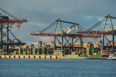 Rotterdam, Hollanda - 22 Kasım 2021: deniz konteynırları büyük vinçlerle nakledildi