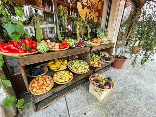 Geneva Switzerland September 2021 Fresh Fruits Vegetables Display Baskets Small — Stock Photo, Image