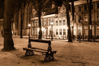 Lahey, Hollanda - Ocak 07 2017: siyah-beyaz veya sepia güzelliği vurguluyor. Lange Voorhout 'da bir bank.