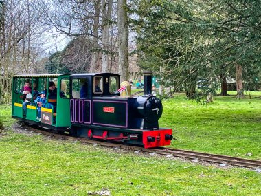 Bognor Regis, Birleşik Krallık - Mart 06 2022: Halk parkındaki çocuklar ve küçük raylardan geçen minyatür buhar treni
