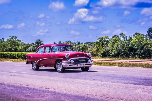 Havana Cuba July 2018 Red Vintage Cars Main Highway Island — Stock Photo, Image