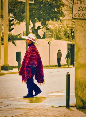 Lima, Peru - 14 Ağustos 2010: Miraflores sokaklarında panço ve şapka giymiş geleneksel Perulu bir adam yürüyor