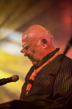 Lahey, Hollanda - 21 Mayıs 2009: yaşlı bir vatandaş bir müzik mekanındaki konser sırasında sahnede sahne alıyor