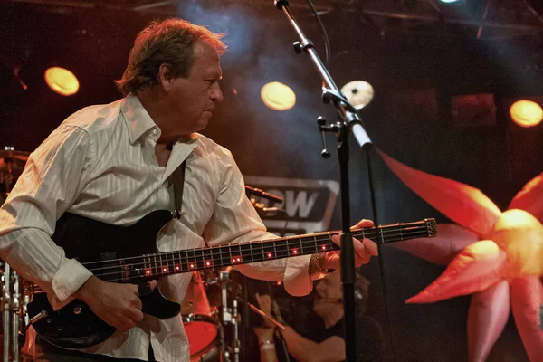 The Hague, Netherlands - 24 may 2008 : a senior citizen or old rocker is on the stage performing with guitar and sweating