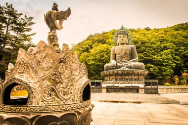 Sokcho, Güney Kore - 8 Haziran 2015: Bronz renkli büyük bir Bouddha heykeli. Seoraksan Güney Kore 'nin en tanınmış ulusal parklarından biridir..