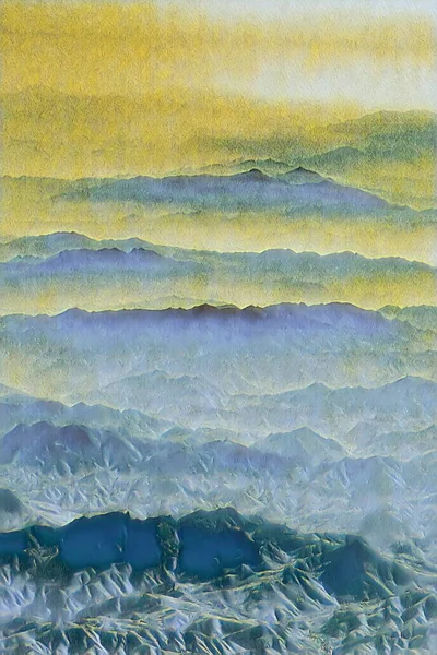 oil painting of mysterious looking morning fog hangs deep in the asian valleys