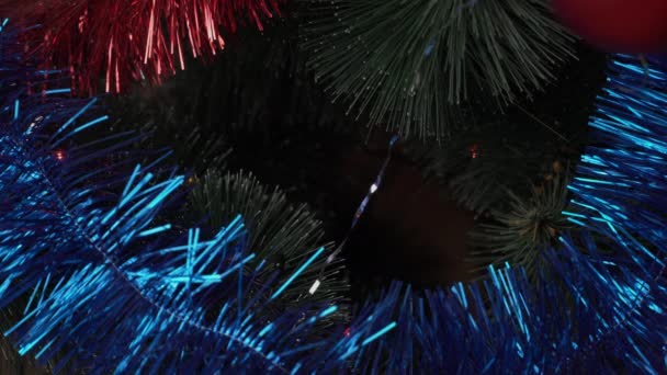 女孩把圣诞玩具挂在树上 — 图库视频影像